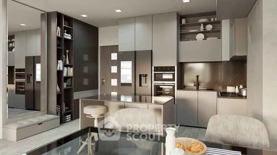 Modern kitchen with sleek cabinetry, built-in appliances, and stylish dining area in contemporary apartment.