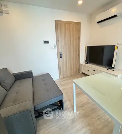 Modern living room with sleek gray sofa and flat-screen TV, featuring minimalist decor and wooden flooring.