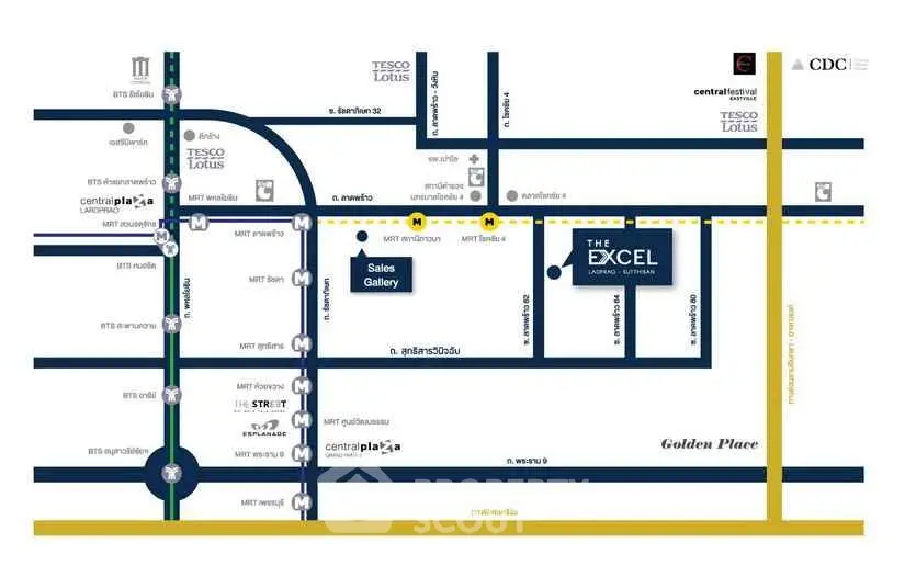 Map showing location of The Excel Ladprao-Sutthisan with nearby amenities and transport links.