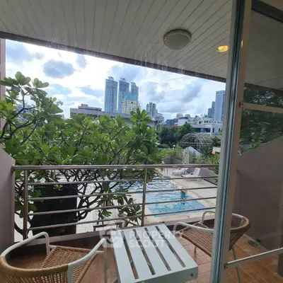 Charming balcony view overlooking pool and city skyline, perfect for relaxation and urban living.