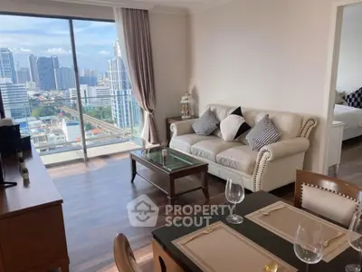 Spacious living room with city view and elegant decor in modern apartment
