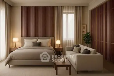 Luxurious bedroom with elegant decor and cozy seating area, perfect for relaxation and comfort.