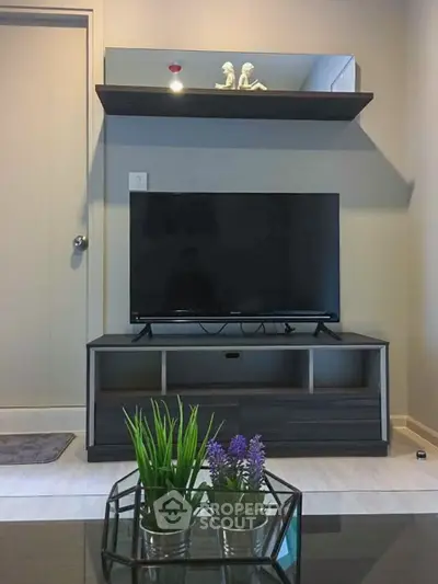Modern living room with sleek TV stand and decorative plants, perfect for cozy relaxation.
