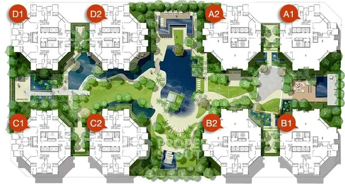 Luxurious apartment complex layout with lush gardens and water features