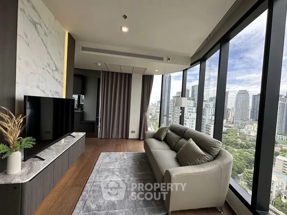 Luxurious living room with panoramic city view and modern decor