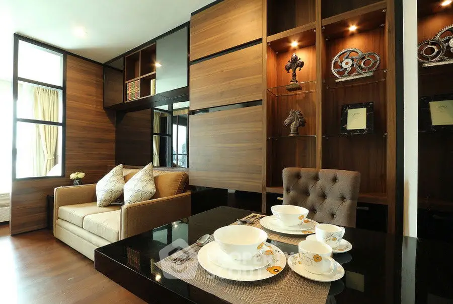 Luxurious modern living room with elegant decor and cozy seating area.
