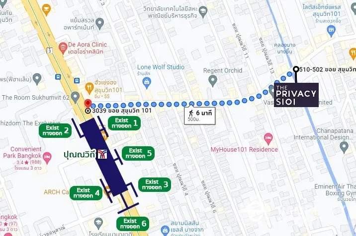 Map showing route to The Privacy S101 condominium in Bangkok with nearby amenities.