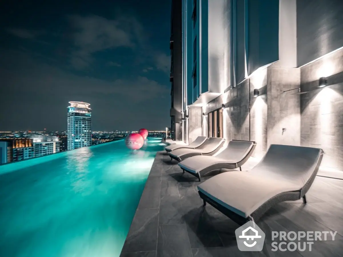 Luxurious rooftop pool with city skyline view at night