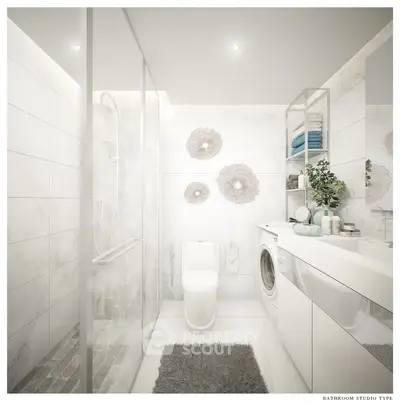 Modern bathroom with sleek design, featuring a shower, washing machine, and elegant decor.