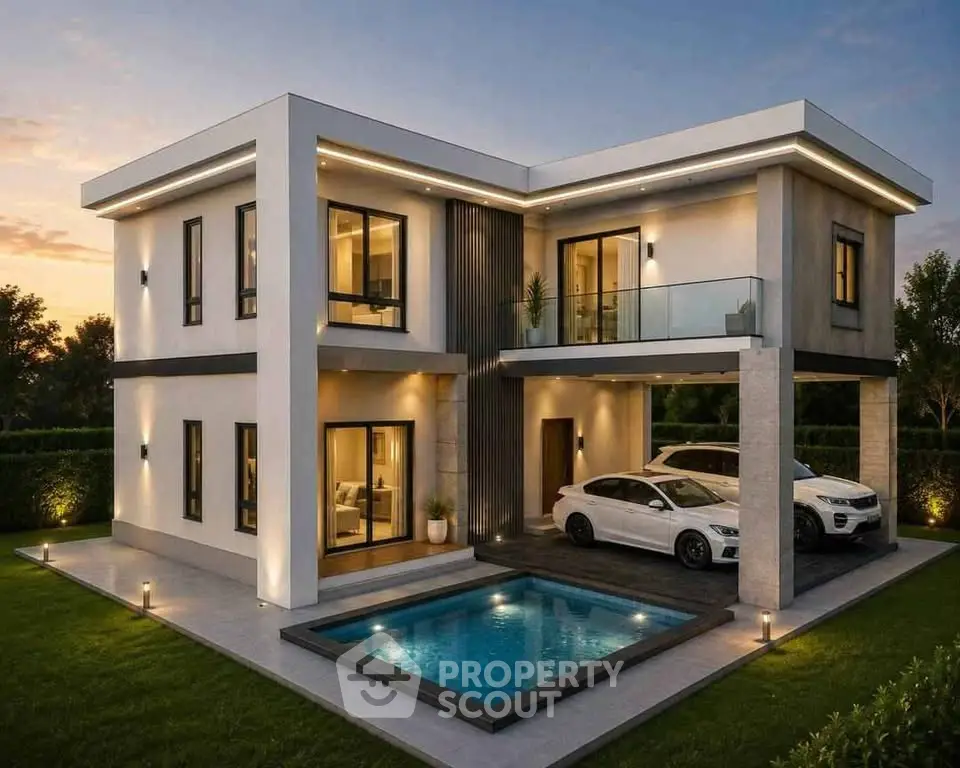 Modern luxury villa with pool and carport, showcasing sleek architectural design and elegant outdoor lighting.
