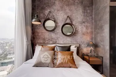 Luxurious bedroom with stunning city view and elegant decor