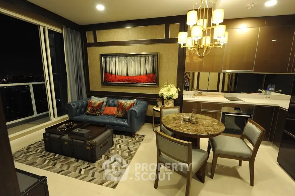 Luxurious modern living room with open kitchen and elegant decor