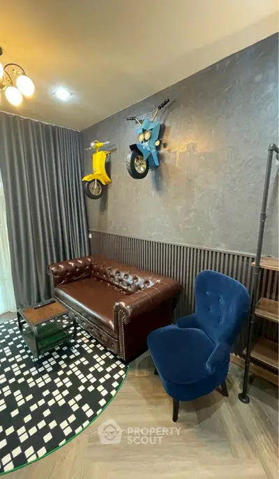 Stylish living room with unique scooter wall decor and modern furniture.