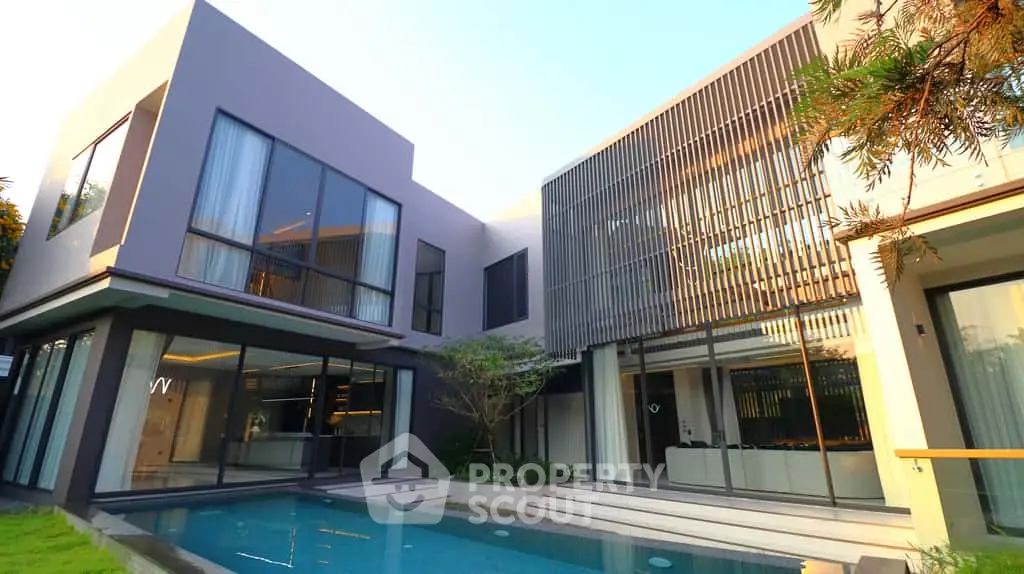 Luxurious modern villa with pool and large windows, perfect for upscale living.