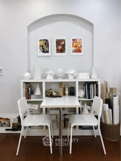 Chic study nook with modern decor and geometric art pieces