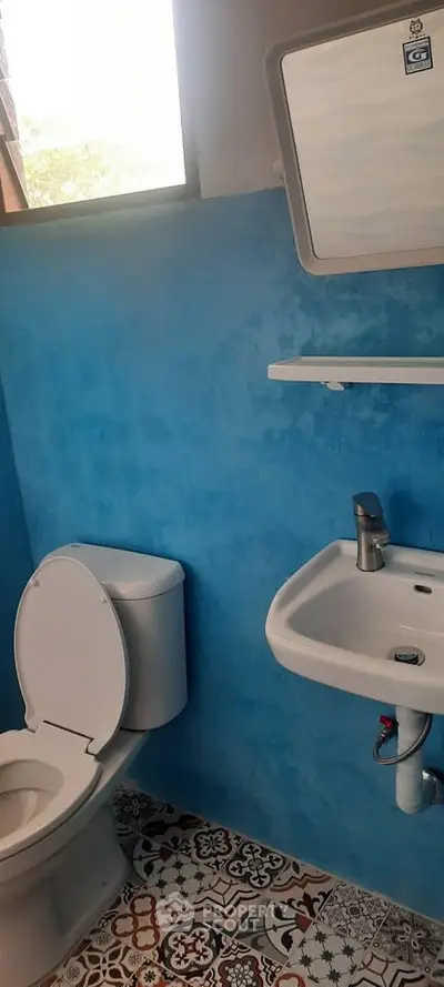 Charming bathroom with vibrant blue walls and patterned floor tiles.