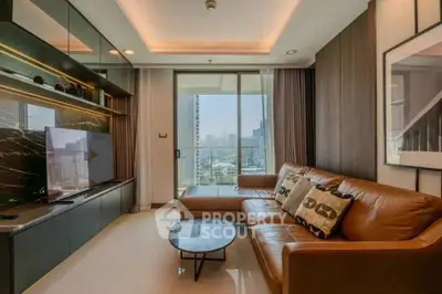 Modern living room with leather sofa and city view balcony in luxury apartment.