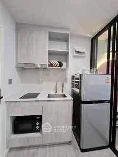 Modern compact kitchen with sleek appliances and stylish cabinetry in a cozy apartment.