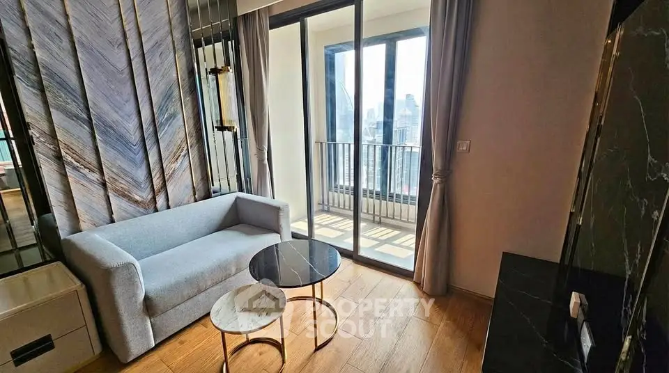 Modern living room with city view and stylish decor in luxury apartment