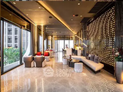 Luxurious modern living room with floor-to-ceiling windows and elegant lighting in high-rise building.