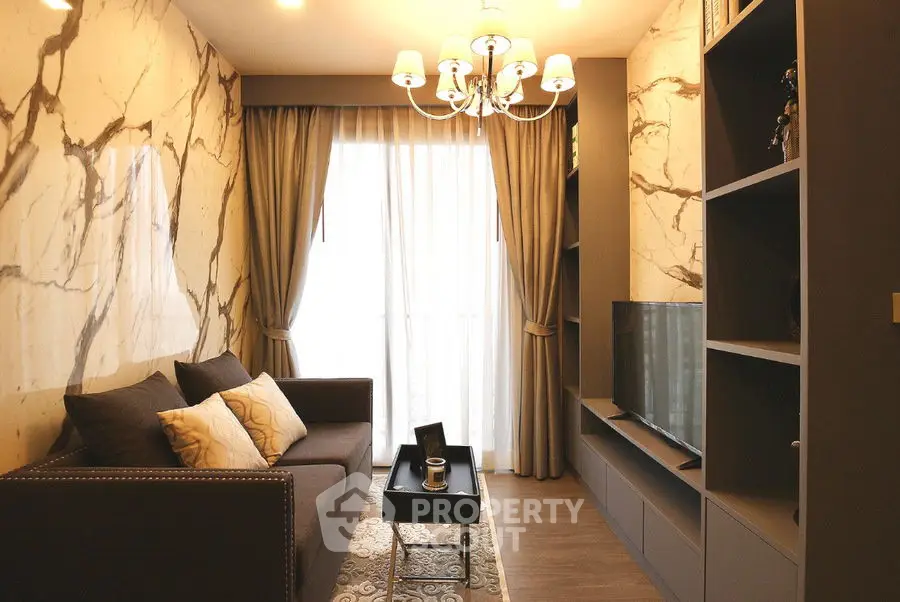 Elegant living room with marble accents and modern furnishings