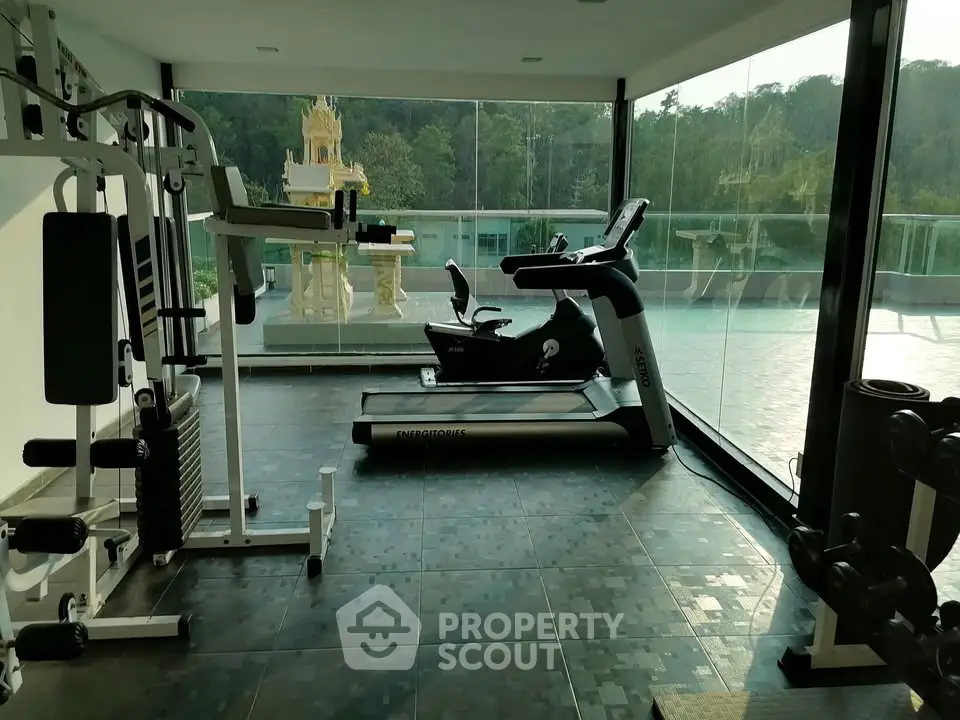 Modern gym with state-of-the-art equipment and scenic outdoor view