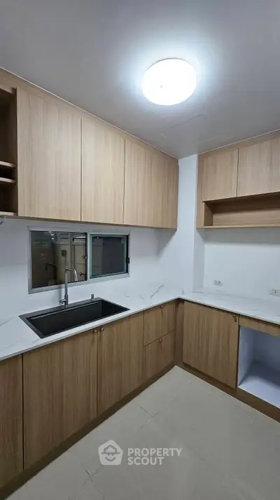 Modern kitchen with sleek wooden cabinets and spacious countertops