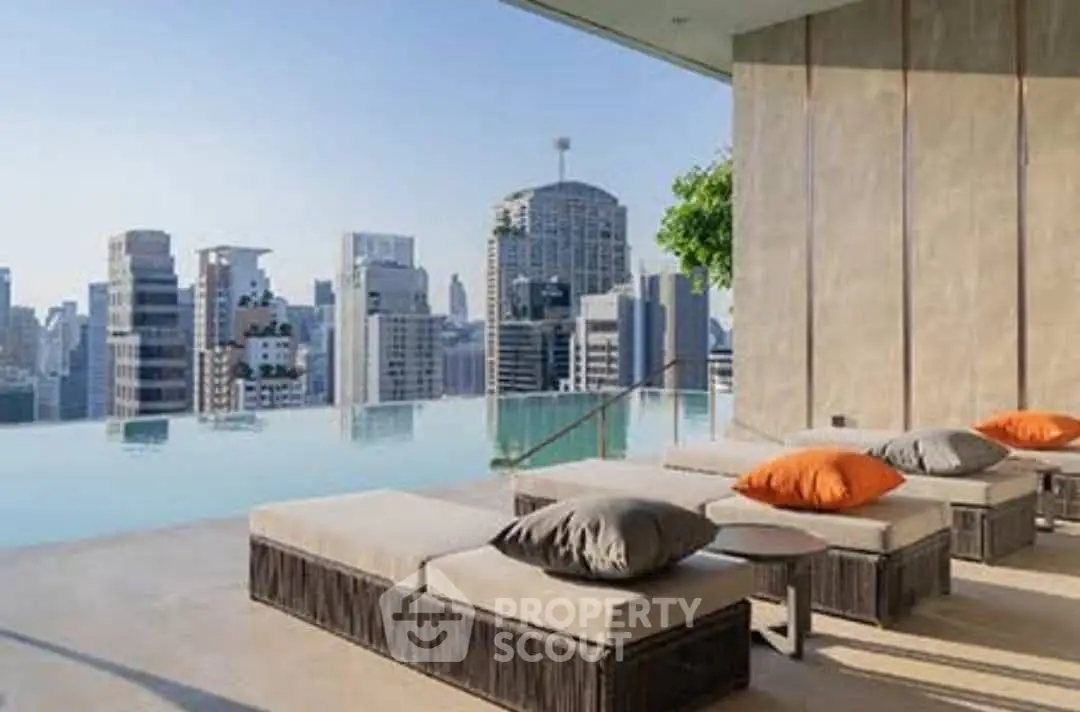 Luxurious rooftop pool with stunning city skyline views and modern lounge chairs.