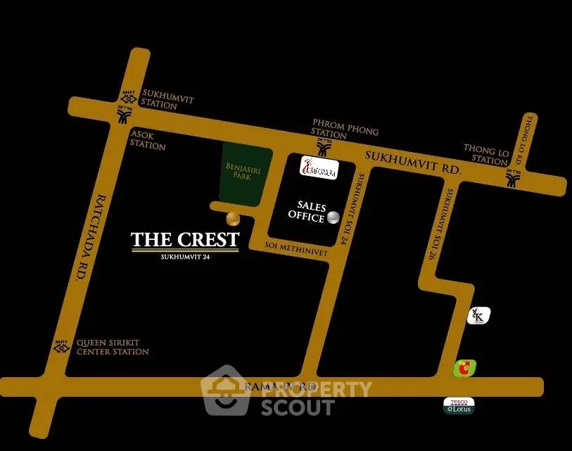 Map showing location of The Crest Sukhumvit 24 near public transport and amenities.