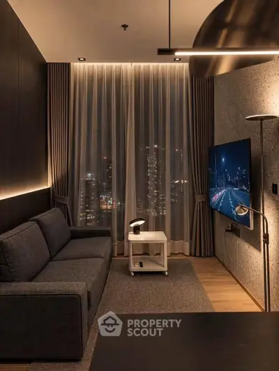 Modern living room with city view, featuring sleek furniture and ambient lighting.