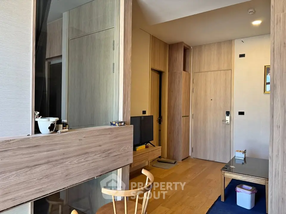 Modern apartment interior with wooden flooring and stylish furniture