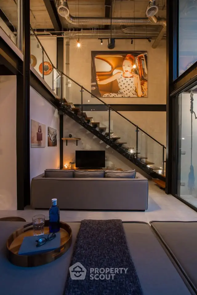 Stylish modern living room with industrial design and mezzanine level
