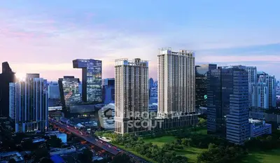 Stunning cityscape view featuring modern high-rise buildings and lush green surroundings.