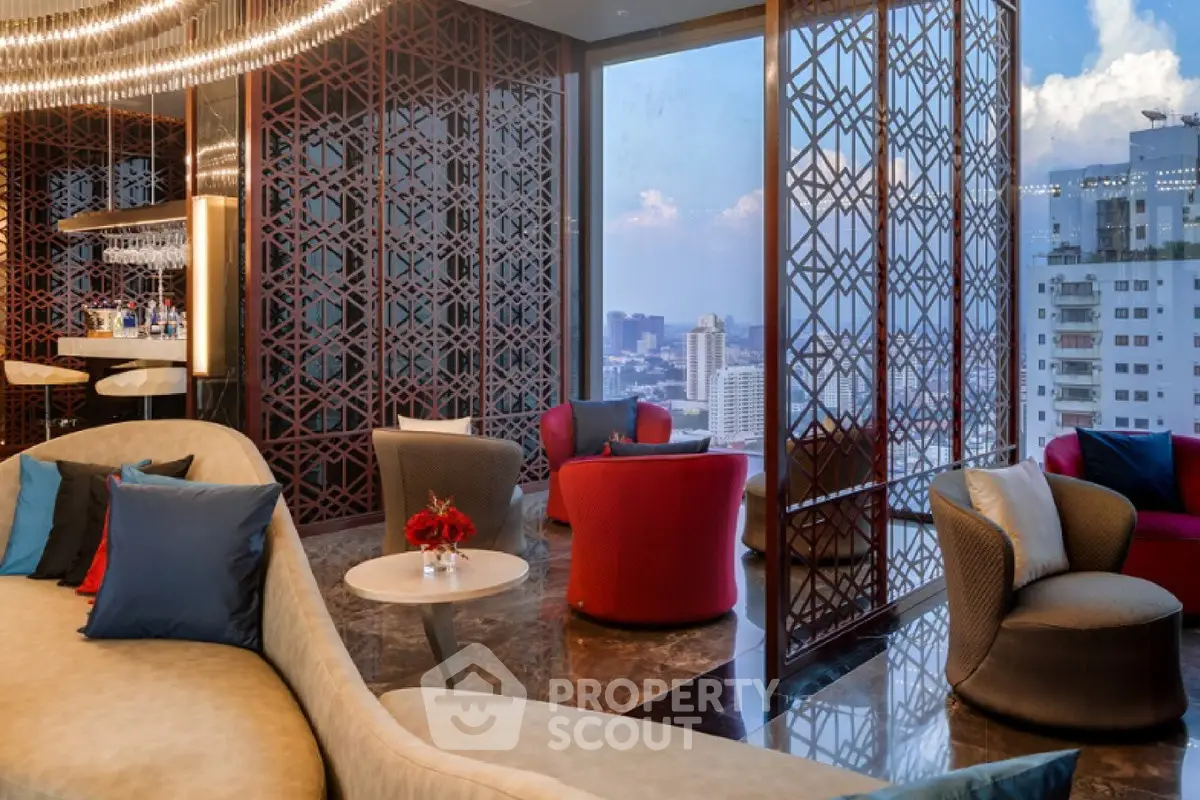 Luxurious modern living room with stunning city view and elegant decor