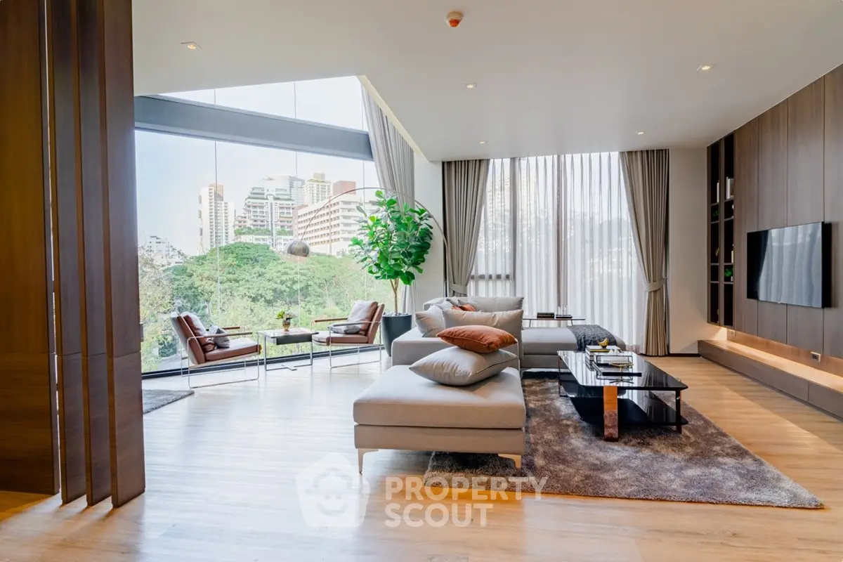 Luxurious modern living room with panoramic city view and elegant decor