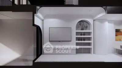 Modern minimalist living room with sleek TV setup and built-in shelves.