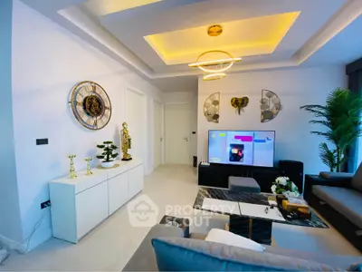 Modern living room with stylish decor and ambient lighting