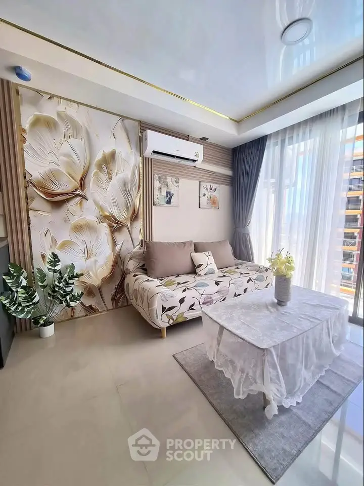 Stylish living room with floral decor and natural light