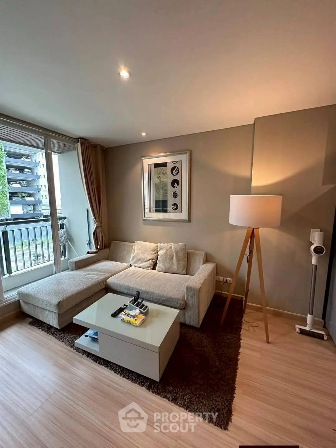 Modern living room with cozy sofa and stylish decor in urban apartment