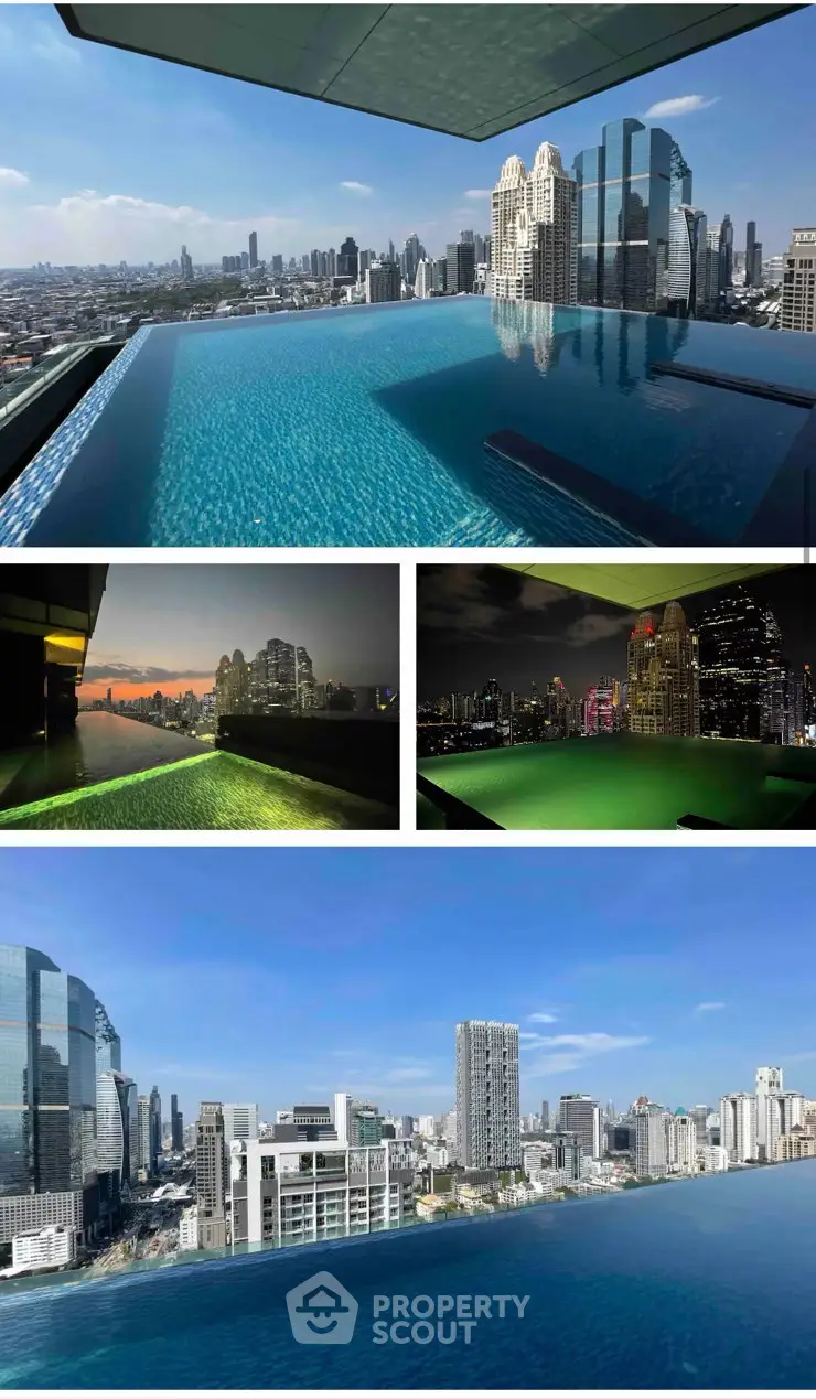 Luxurious rooftop infinity pool with stunning city skyline views in a modern high-rise building.