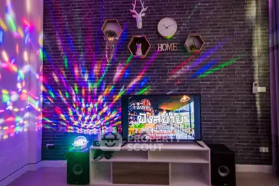 Stylish living room with modern decor and vibrant lighting effects