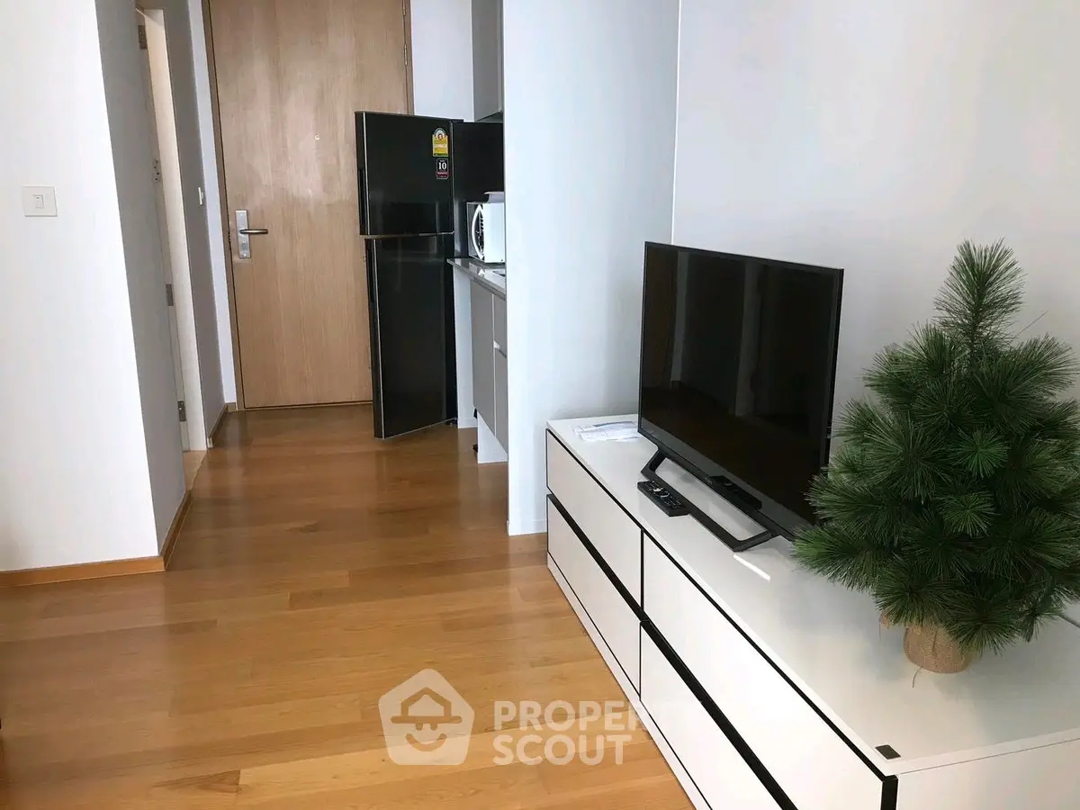Modern living room with sleek TV stand and small indoor plant, showcasing minimalist design.