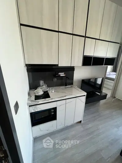 Modern compact kitchen with sleek cabinetry and built-in appliances in a stylish apartment.