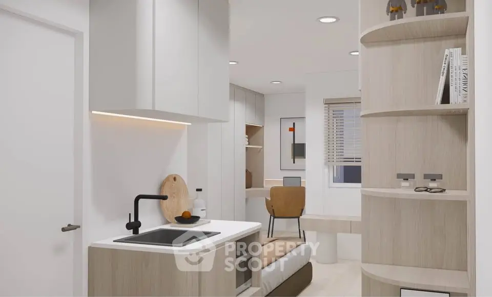 Modern compact living space with sleek design and efficient use of space.