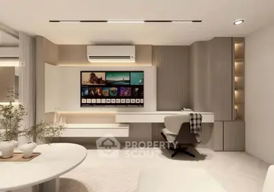 Modern living room with sleek design, featuring built-in TV unit and stylish furniture.