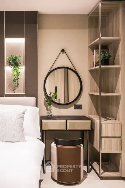 Stylish modern bedroom with elegant decor and unique shelving design
