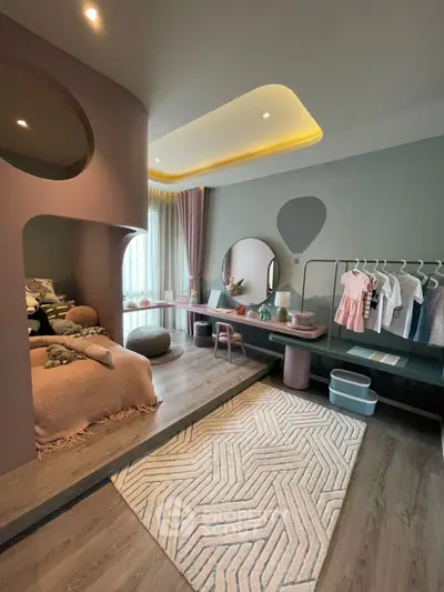 Stylish modern bedroom with unique design and cozy ambiance