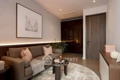 Elegant living room with modern decor and cozy seating area, perfect for relaxation.