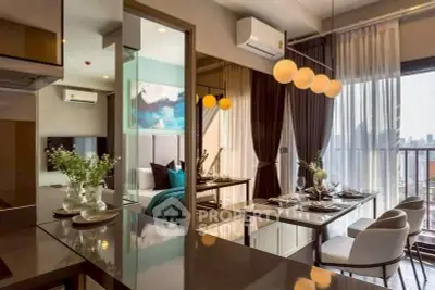 Luxurious modern apartment with open kitchen and elegant dining area, featuring city views.