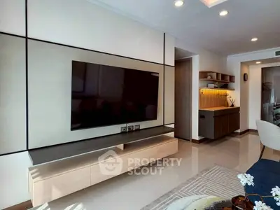 Modern living room with sleek TV setup and stylish decor